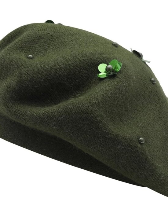 Women\'s French Beret Hat Reversible Knitted Thickened Warm Cap Army Green